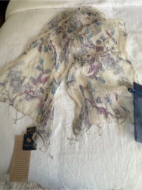 Nique Sheer Floral Silk Scarf in Cream with Purple & Teal Accents